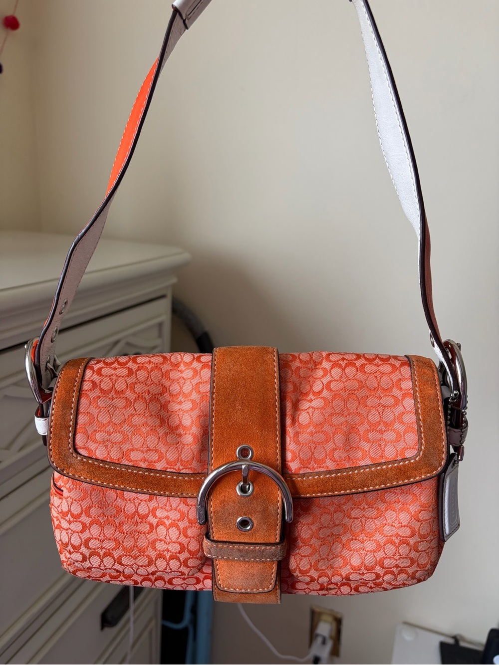Coach Orange mini Soho signature canvas shoulder bag with suede trim